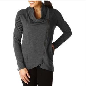 Ibex Merino Wool Cardigan Large Gray Long Sleeve Asymmetrical Full Zip Front